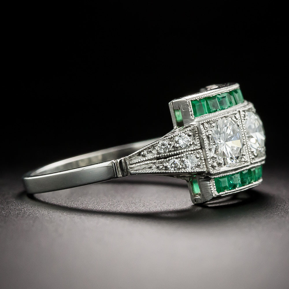 Art Deco-Style Three-Stone Diamond and Emerald Ring - 4