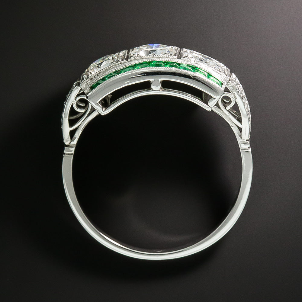 Art Deco-Style Three-Stone Diamond and Emerald Ring - 5