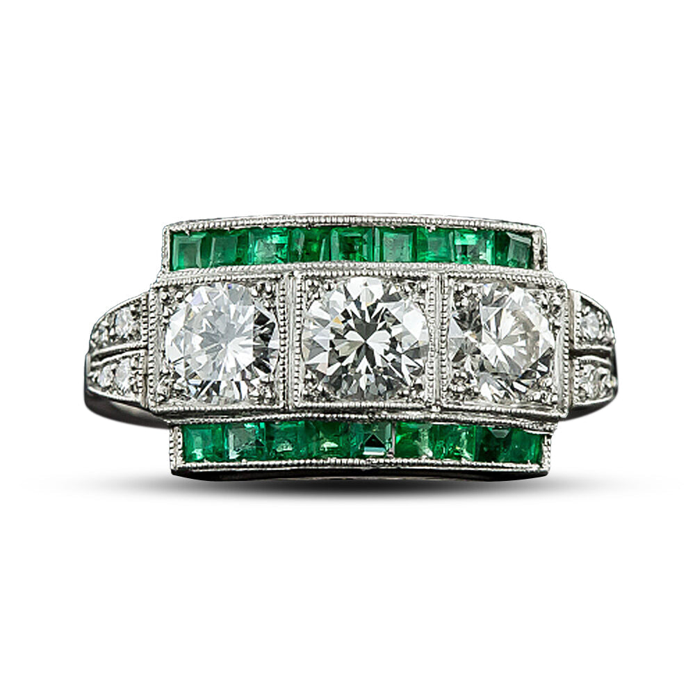 Art Deco-Style Three-Stone Diamond and Emerald Ring - 4