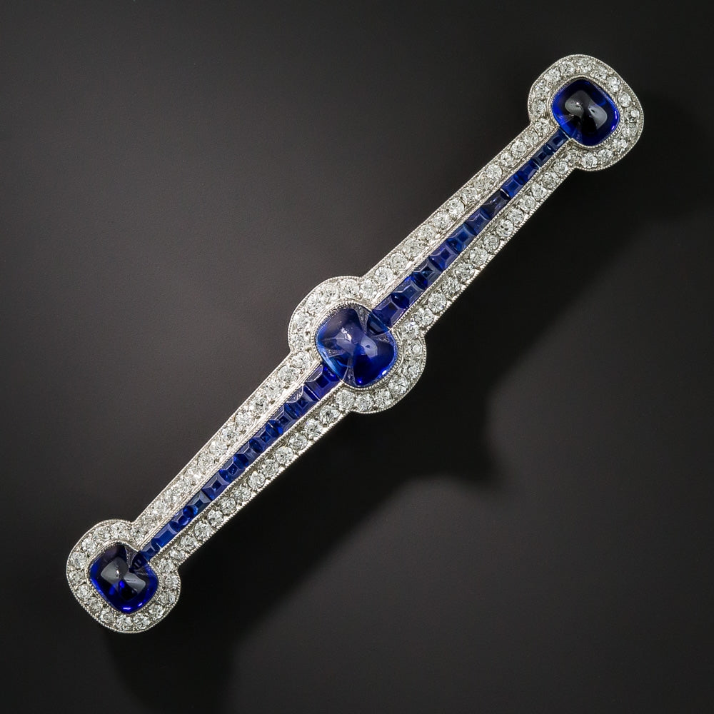 Art Deco Cabochon No Heat Sapphire Diamond and Calibre Sapphire Bar Pin - 1