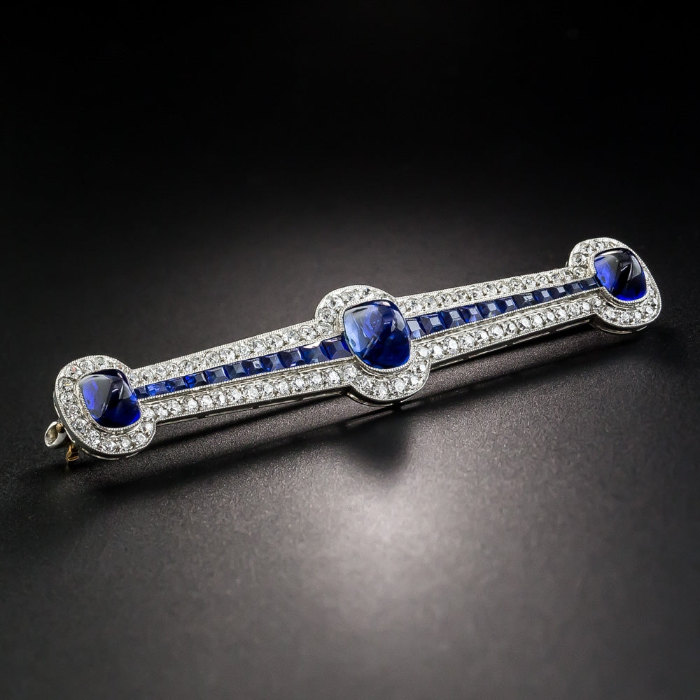 Art Deco Sugarloaf No-Heat Sapphire and Diamond Bar Pin - 3
