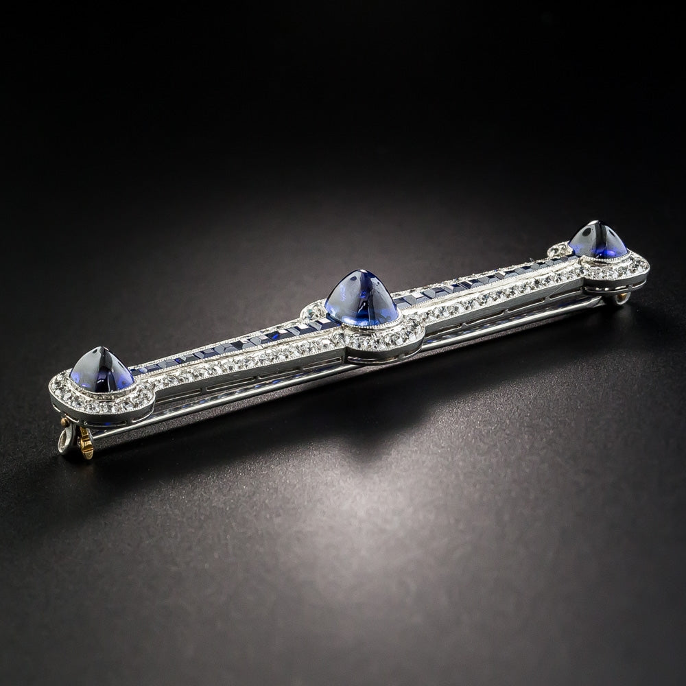Art Deco Sugarloaf No-Heat Sapphire and Diamond Bar Pin - 4