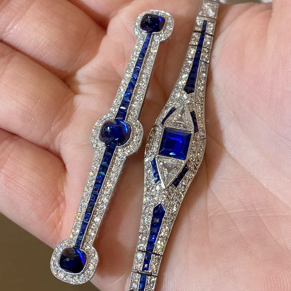 Art Deco Sugarloaf No-Heat Sapphire and Diamond Bar Pin - 9