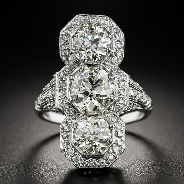 Art Deco Three-Stone 4.56 Carat Total Weight Diamond Dinner Ring -  GIA