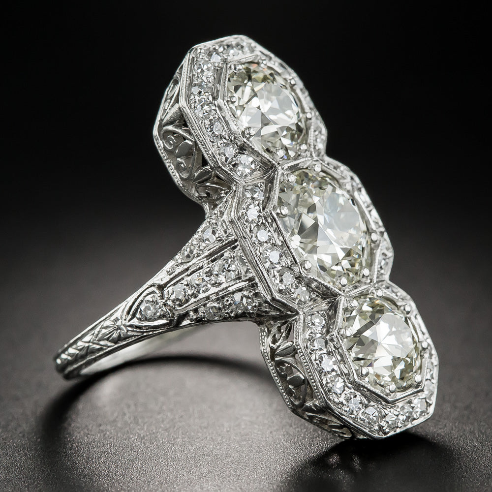 Art Deco Three-Stone 4.56 Carat Total Weight Diamond Dinner Ring -  GIA - 7