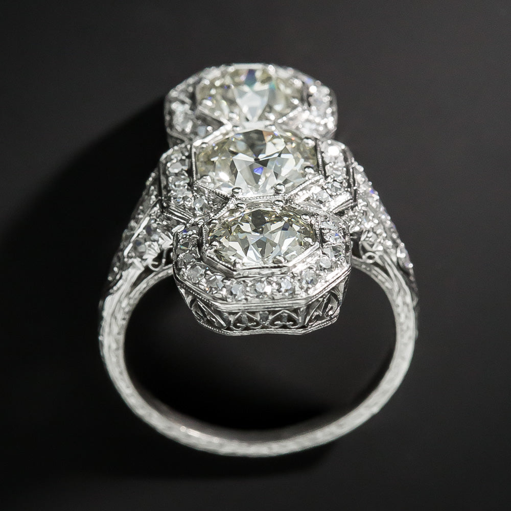 Art Deco Three-Stone 4.56 Carat Total Weight Diamond Dinner Ring -  GIA - 10
