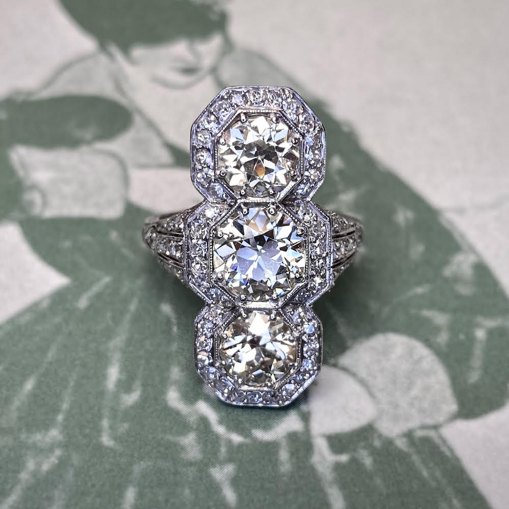 Art Deco Three-Stone 4.56 Carat Total Weight Diamond Dinner Ring -  GIA - 13