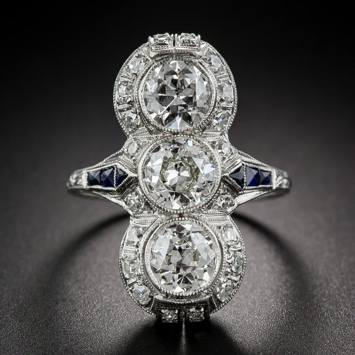 Art Deco Three-Stone Diamond and Sapphire* Dinner Ring