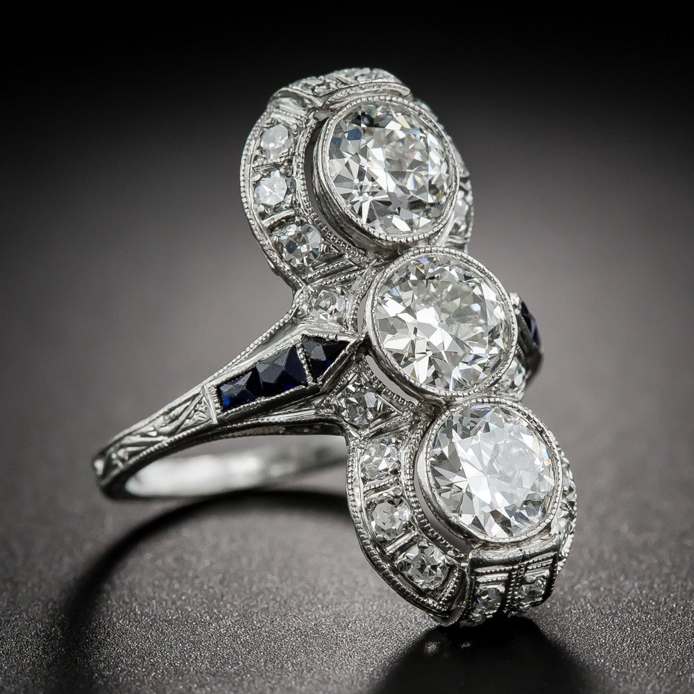 Art Deco Three-Stone Diamond and Sapphire* Dinner Ring - 7