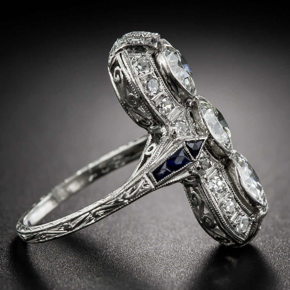 Art Deco Three-Stone Diamond and Sapphire* Dinner Ring - 8