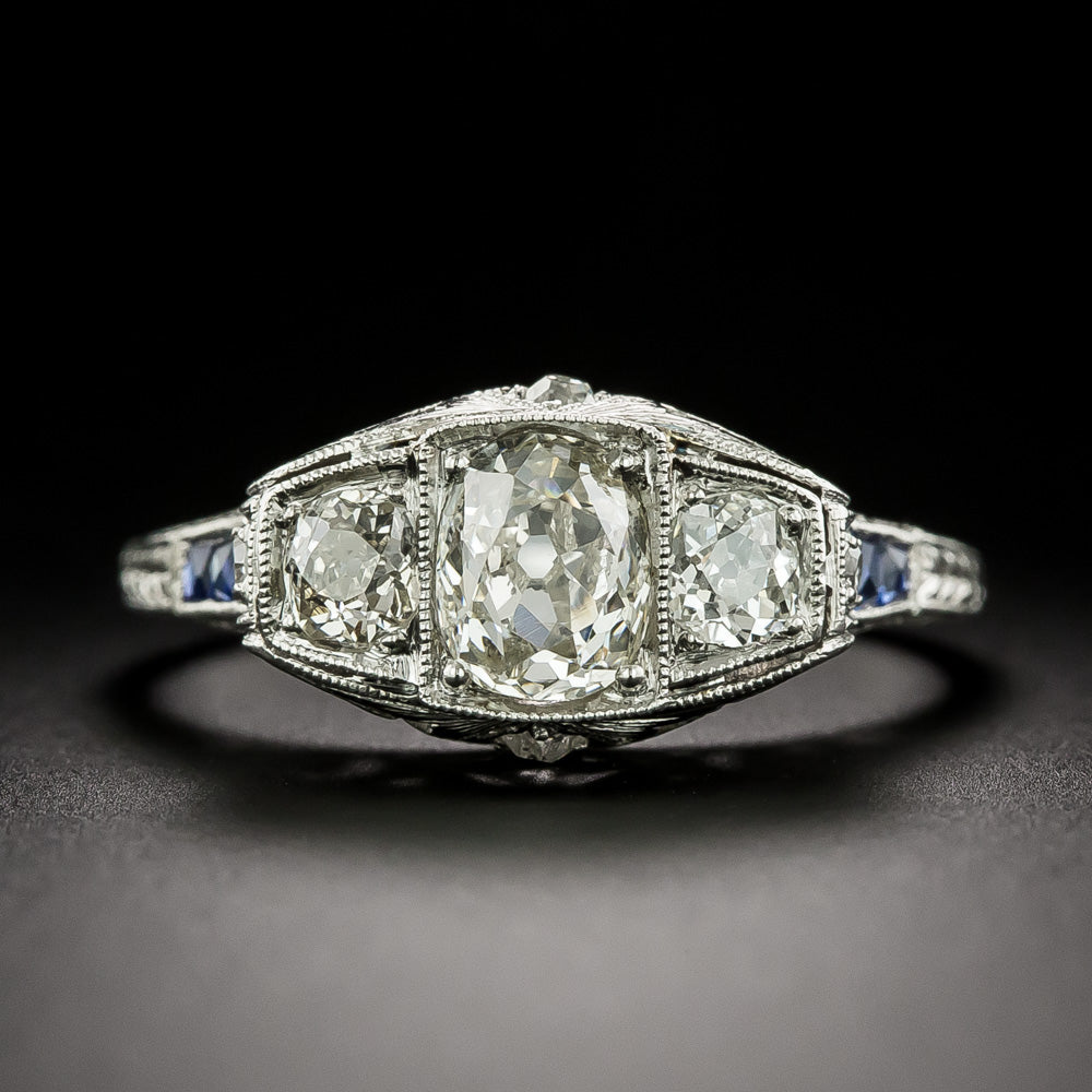 Art Deco Three Stone Diamond and Sapphire* Ring - GIA   - 4