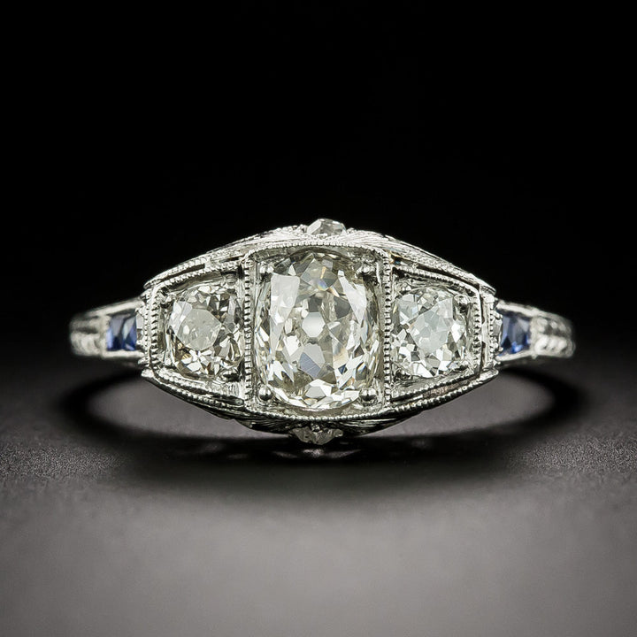 Art Deco Three Stone Diamond and Sapphire* Ring - GIA