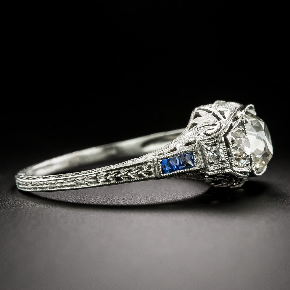 Art Deco Three Stone Diamond and Sapphire* Ring - GIA   - 5