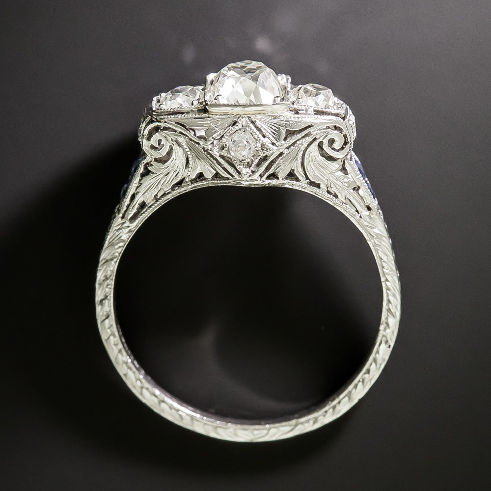 Art Deco Three Stone Diamond and Sapphire* Ring - GIA   - 6