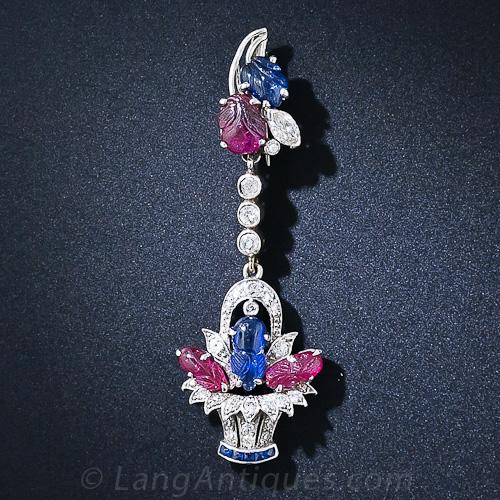 Art Deco Tutti-Frutti Flower Basket Brooch - 2