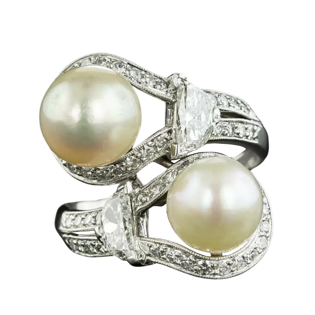 Art Deco Twin Natural Pearl and Diamond Bypass Dinner Ring - GIA - 6