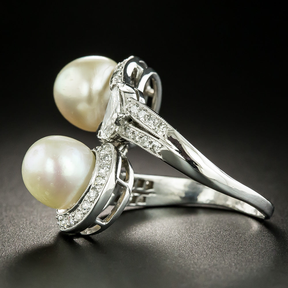 Art Deco Twin Natural Pearl and Diamond Bypass Dinner Ring - GIA - 3