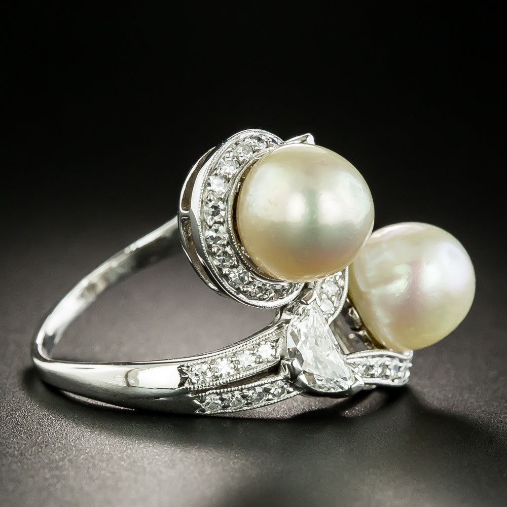 Art Deco Twin Natural Pearl and Diamond Bypass Dinner Ring - GIA - 4