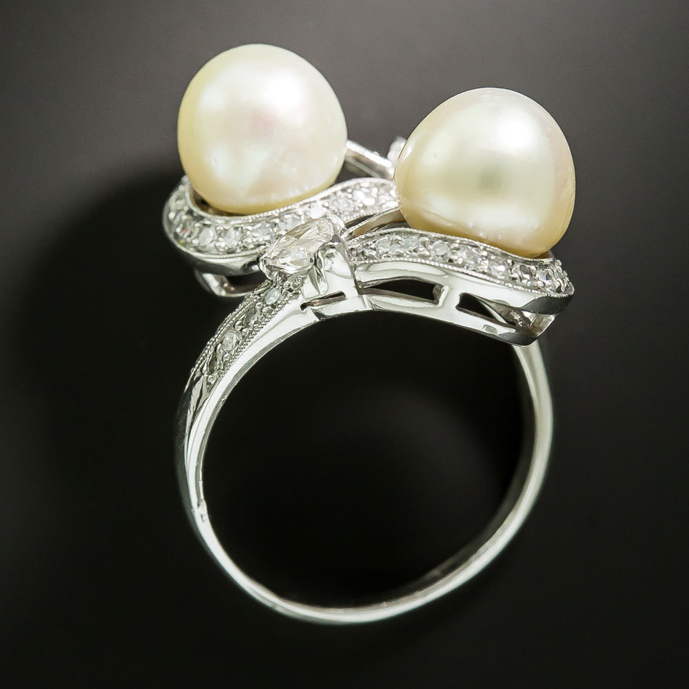 Art Deco Twin Natural Pearl and Diamond Bypass Dinner Ring - GIA - 5