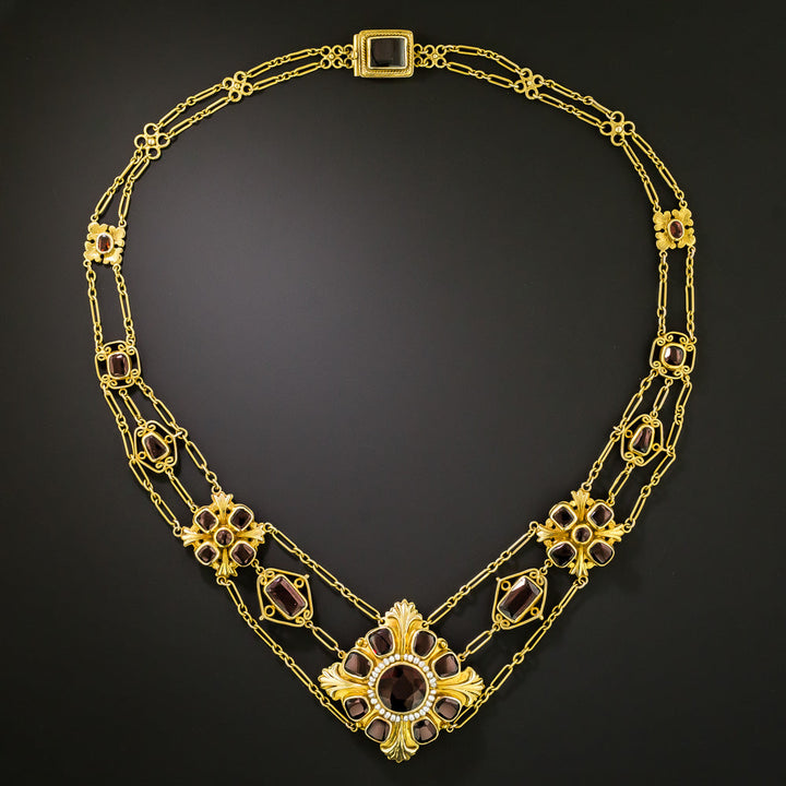 Victorian Retrospective Garnet and Pearl Swag Necklace
