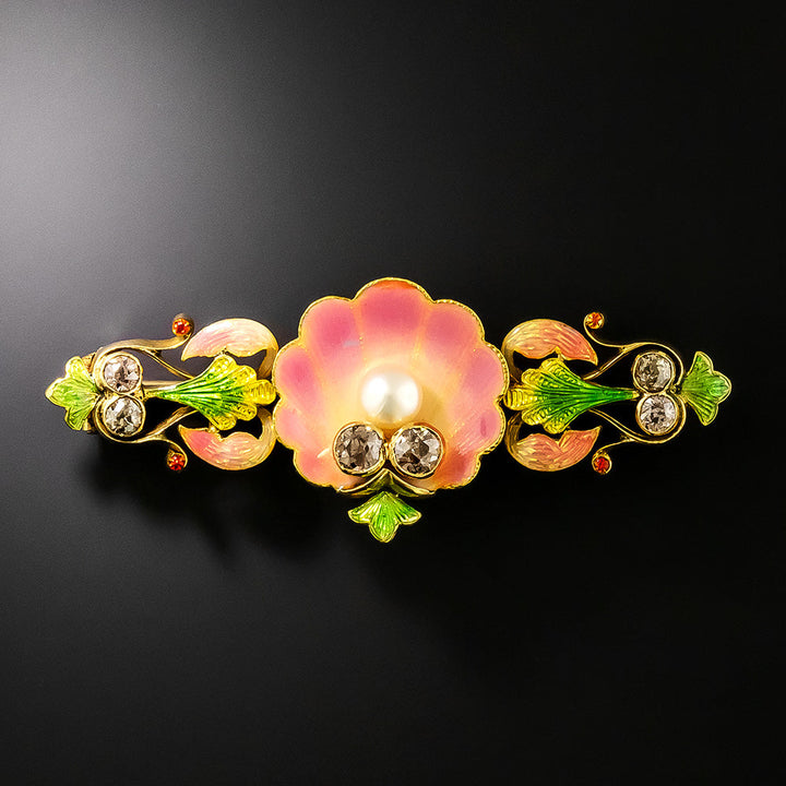 Art Nouveau 18K Enamel, Brown Diamond and Natural Pearl Shell Brooch
