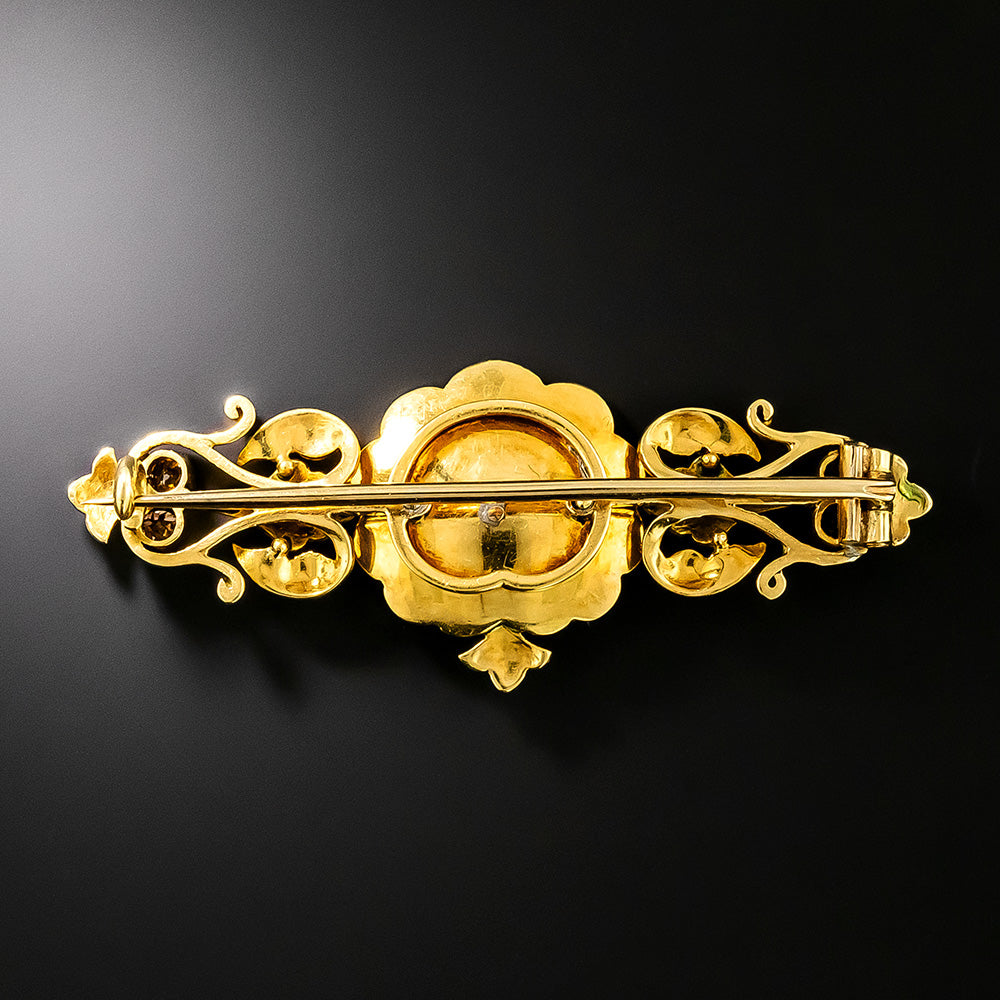 Art Nouveau 18K Enamel, Brown Diamond and Natural Pearl Shell Brooch - 3