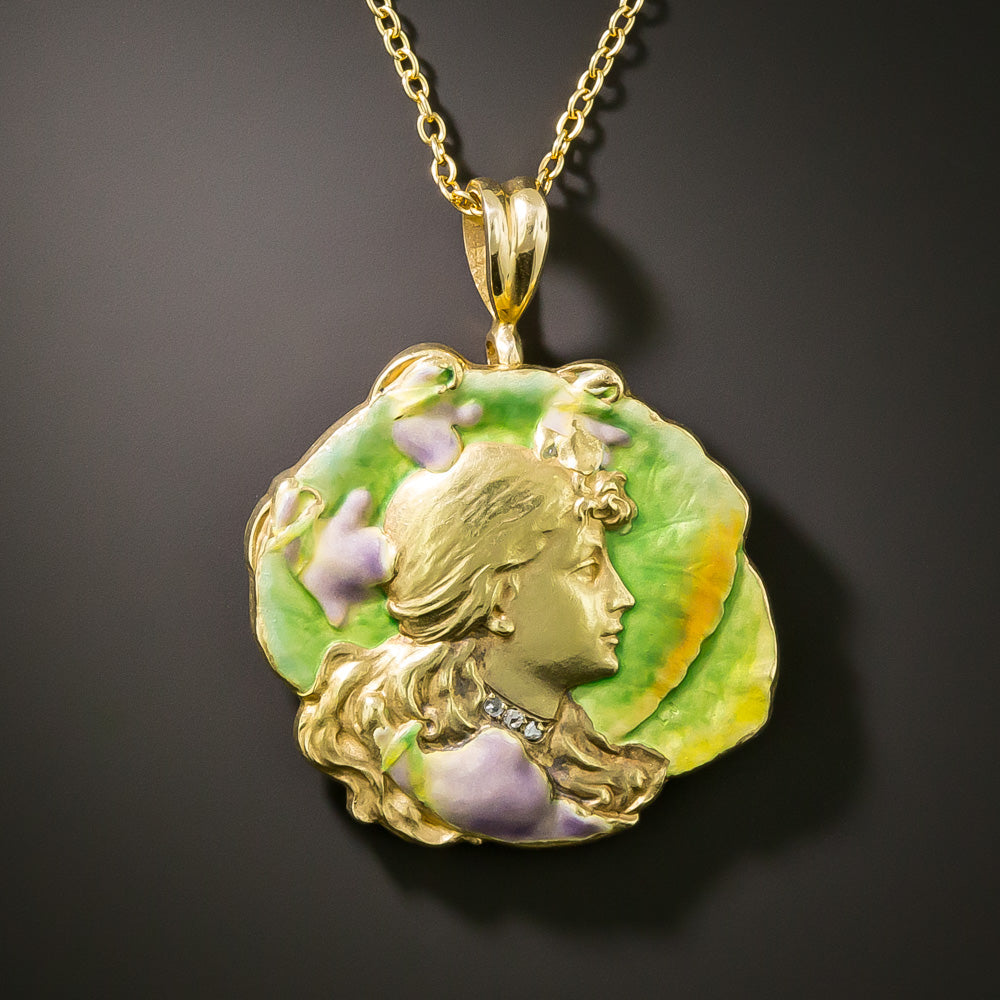 Art Nouveau 18K Enamel Femme Pendant - 4