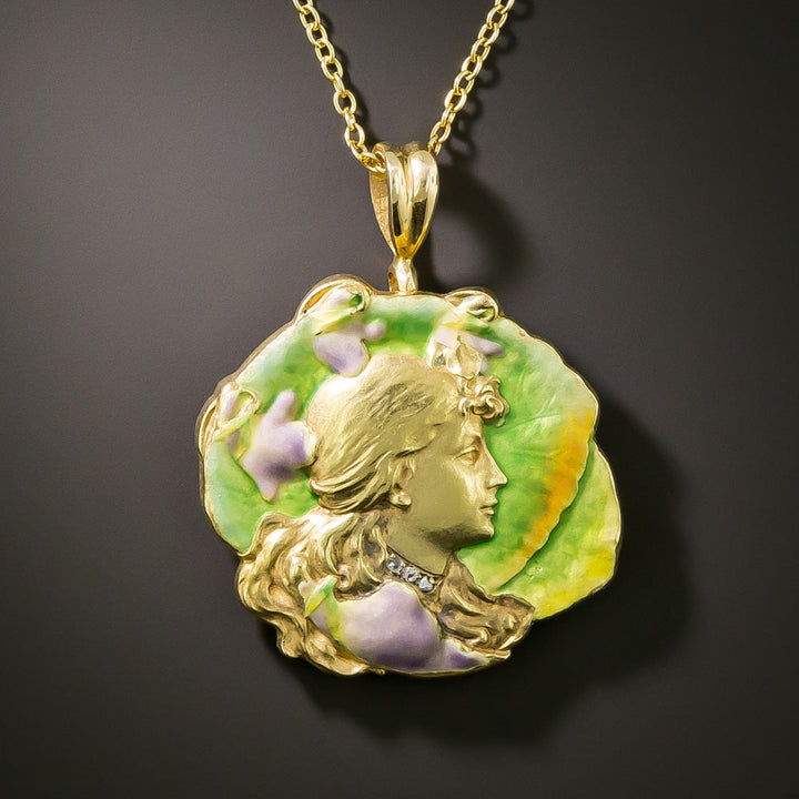 Art Nouveau 18K Enamel Femme Pendant