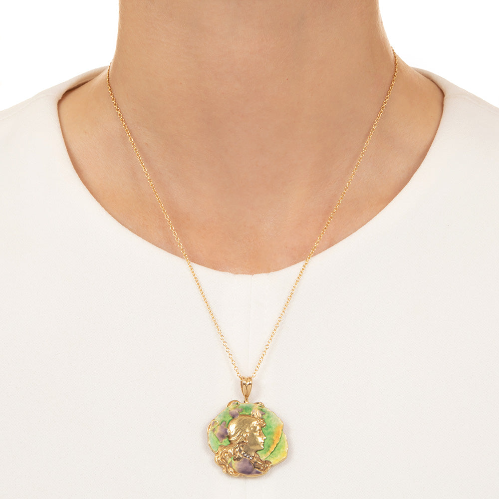 Art Nouveau 18K Enamel Femme Pendant - 6