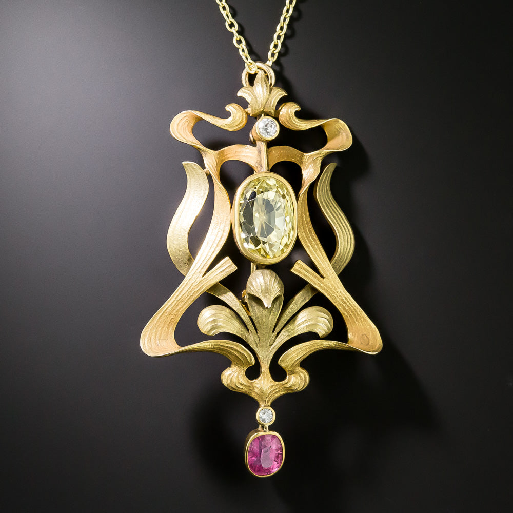 Art Nouveau 5.60 Carat No-Heat Yellow Sapphire And Tourmaline Lavaliere/Brooch - GIA - 2