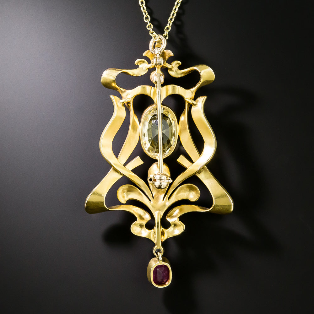 Art Nouveau 5.60 Carat No-Heat Yellow Sapphire And Tourmaline Lavaliere/Brooch - GIA - 3