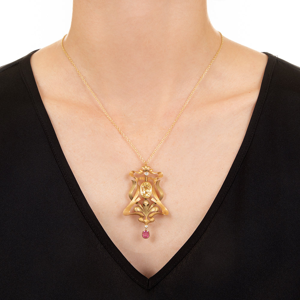 Art Nouveau 5.60 Carat No-Heat Yellow Sapphire And Tourmaline Lavaliere/Brooch - GIA - 4