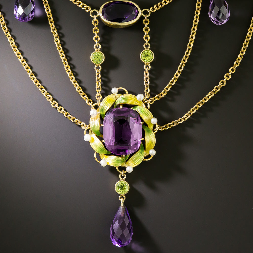 Art Nouveau Amethyst, Peridot and Natural Pearl Necklace - 4