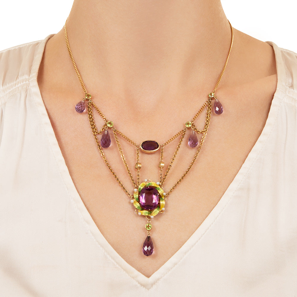 Art Nouveau Amethyst, Peridot and Natural Pearl Necklace - 5