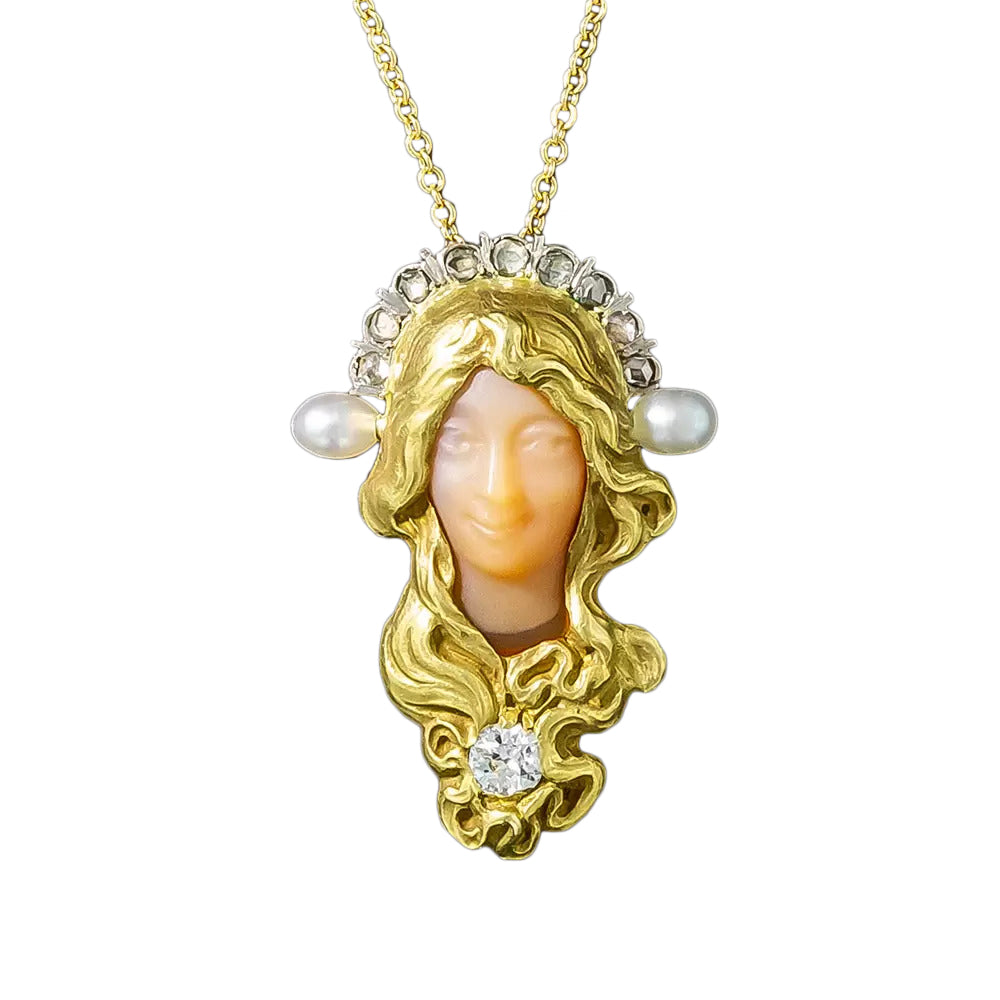 Art Nouveau Carved Coral and Pearl Pendant - 2