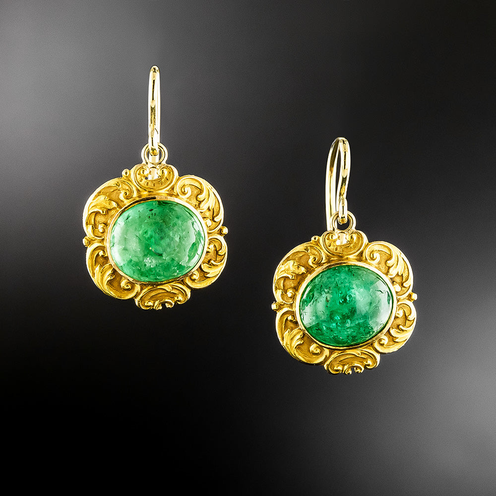 Art Nouveau Emerald Cabochon Dangle Earrings by Black, Starr & Frost - GIA - 2