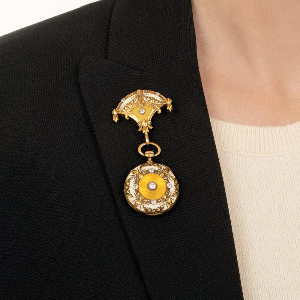 Art Nouveau Enamel and Diamond Lapel/Pendant Watch - 7