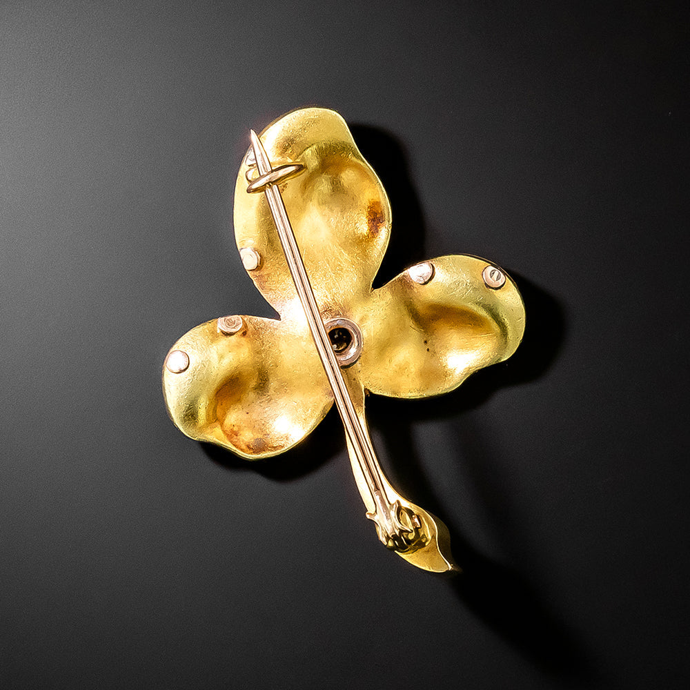 Art Nouveau Enamel and Diamond Trillium Flower Brooch - 3
