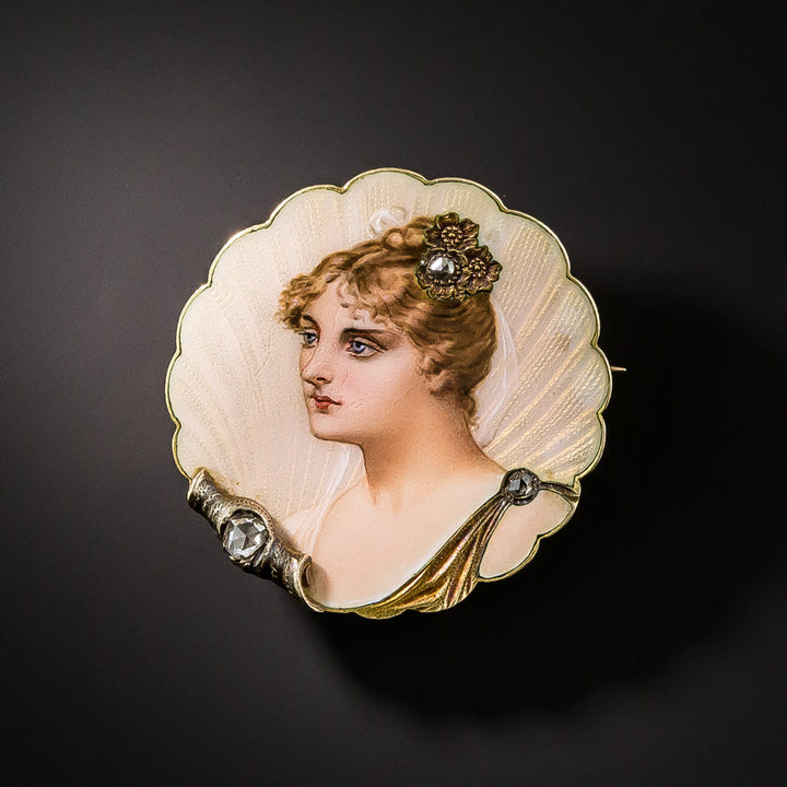Art Nouveau Enamel Portrait and Diamond Pin