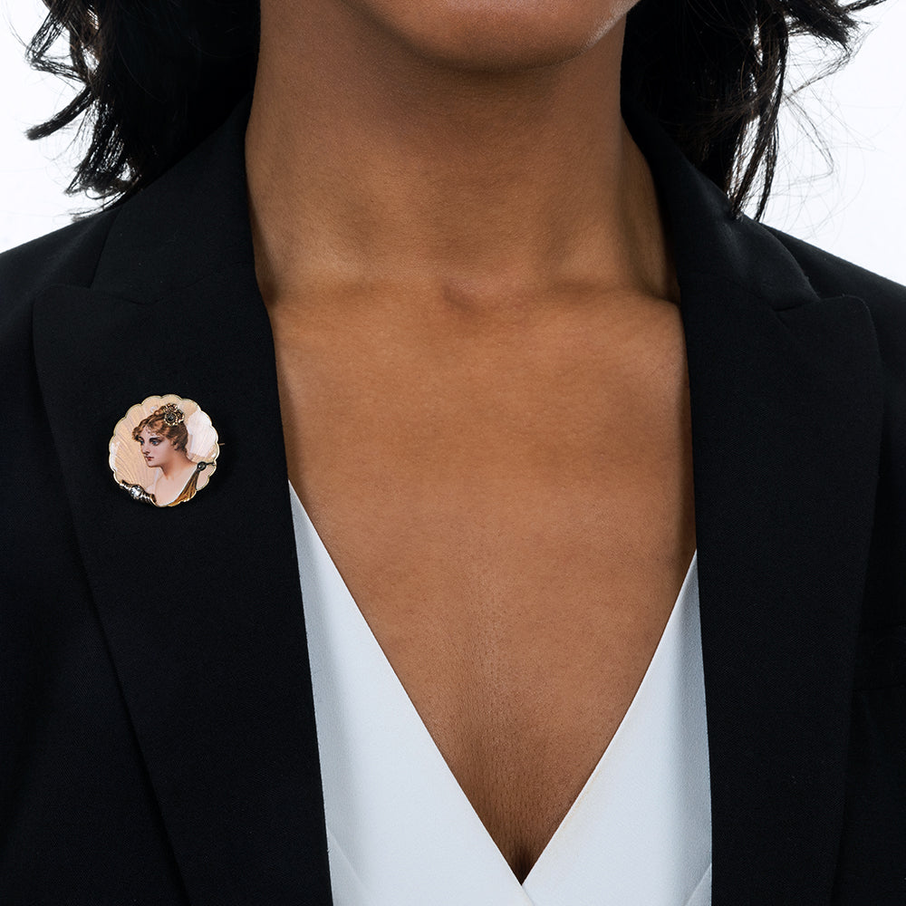 Art Nouveau Enamel Portrait and Diamond Pin - 5
