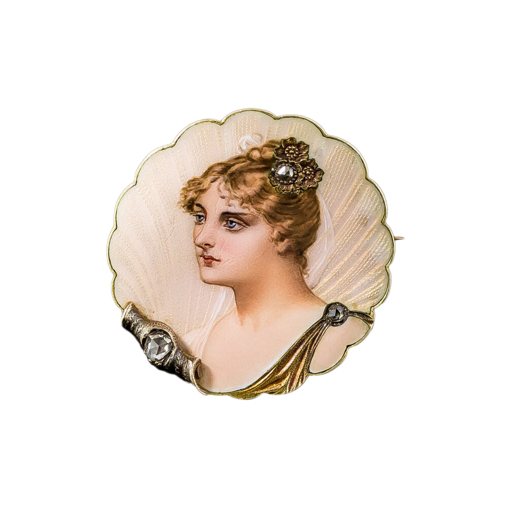 Art Nouveau Enamel Portrait and Diamond Pin - 3