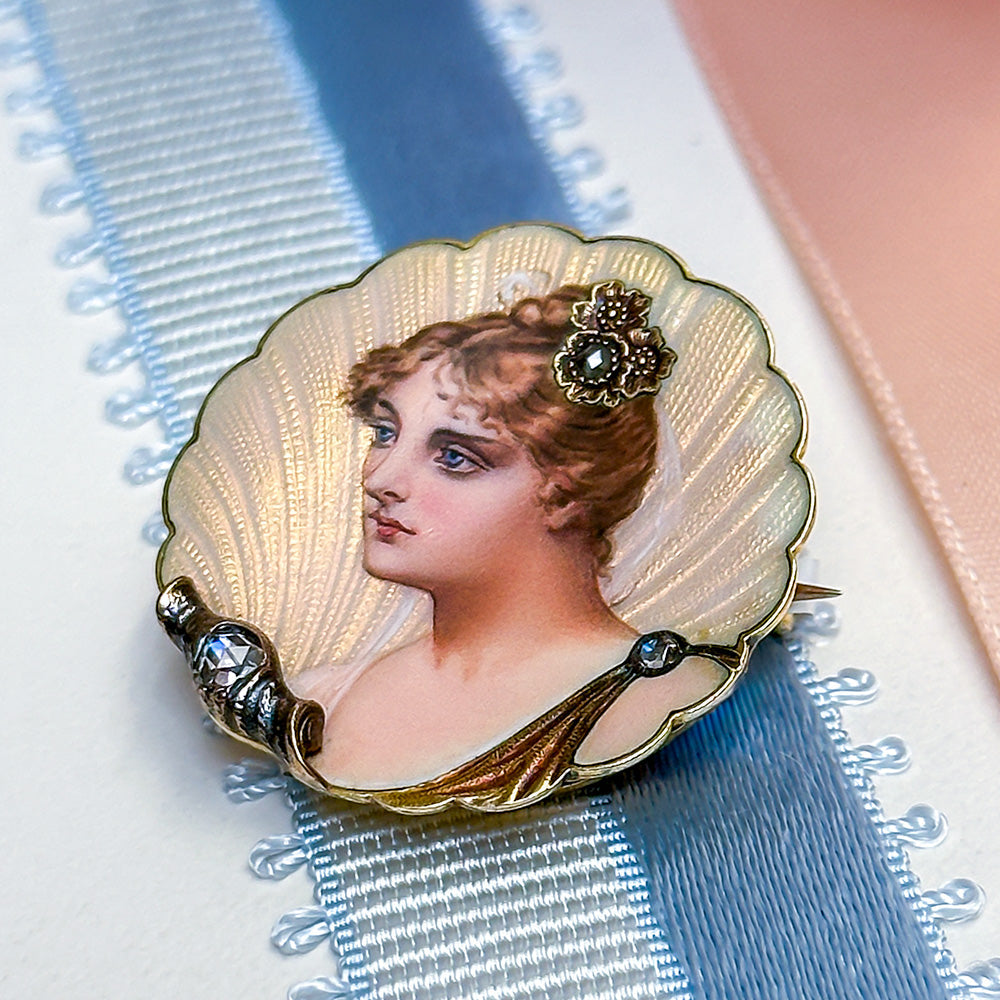 Art Nouveau Enamel Portrait and Diamond Pin - 6