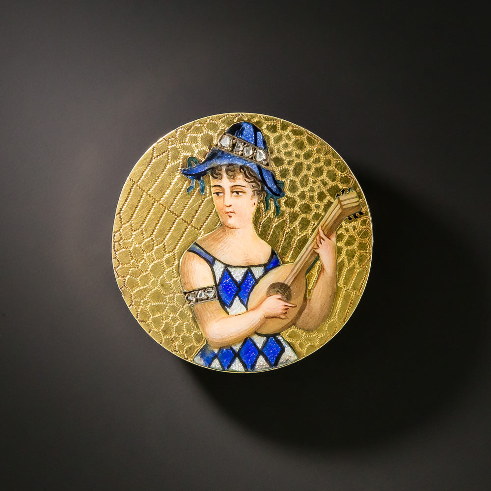 Art Nouveau Enameled Lady Lutenist Pin - 1
