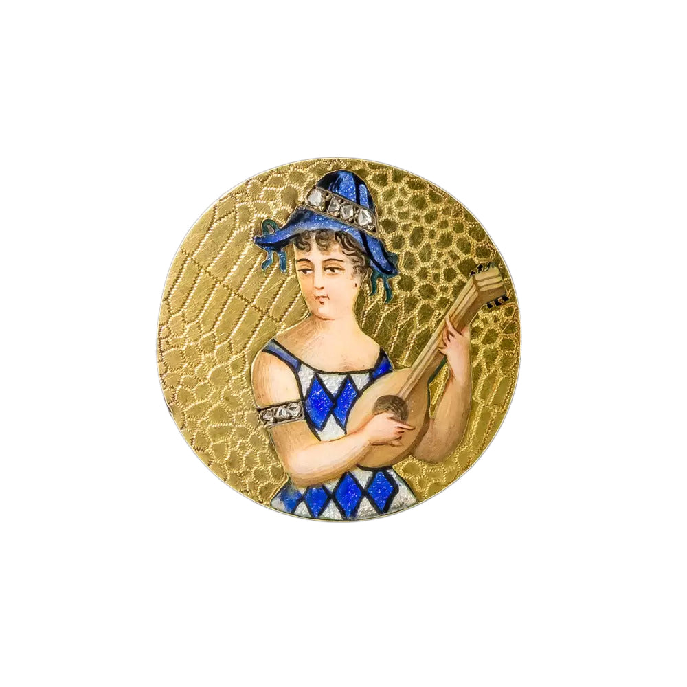 Art Nouveau Enameled Lady Lutenist Pin - 3