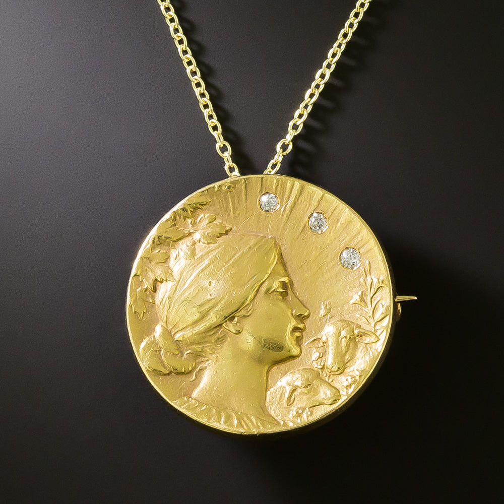 Art Nouveau Femme with Sheep Medallion Pendant/Brooch by Krementz - 2