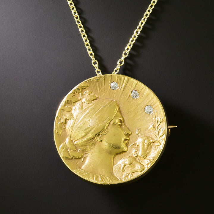 Art Nouveau Femme with Sheep Medallion Pendant/Brooch by Krementz