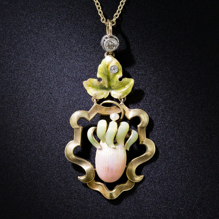 Art Nouveau Iridescent Enamel and Diamond Pendant