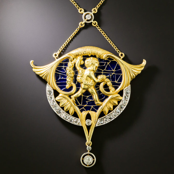 Art Nouveau Plique-a-Jour Cupid Pendant
