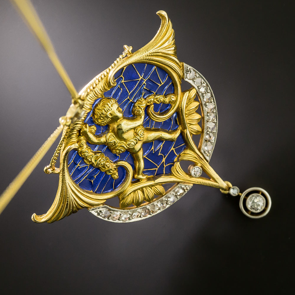Art Nouveau Plique-a-Jour Cupid Pendant  - 4
