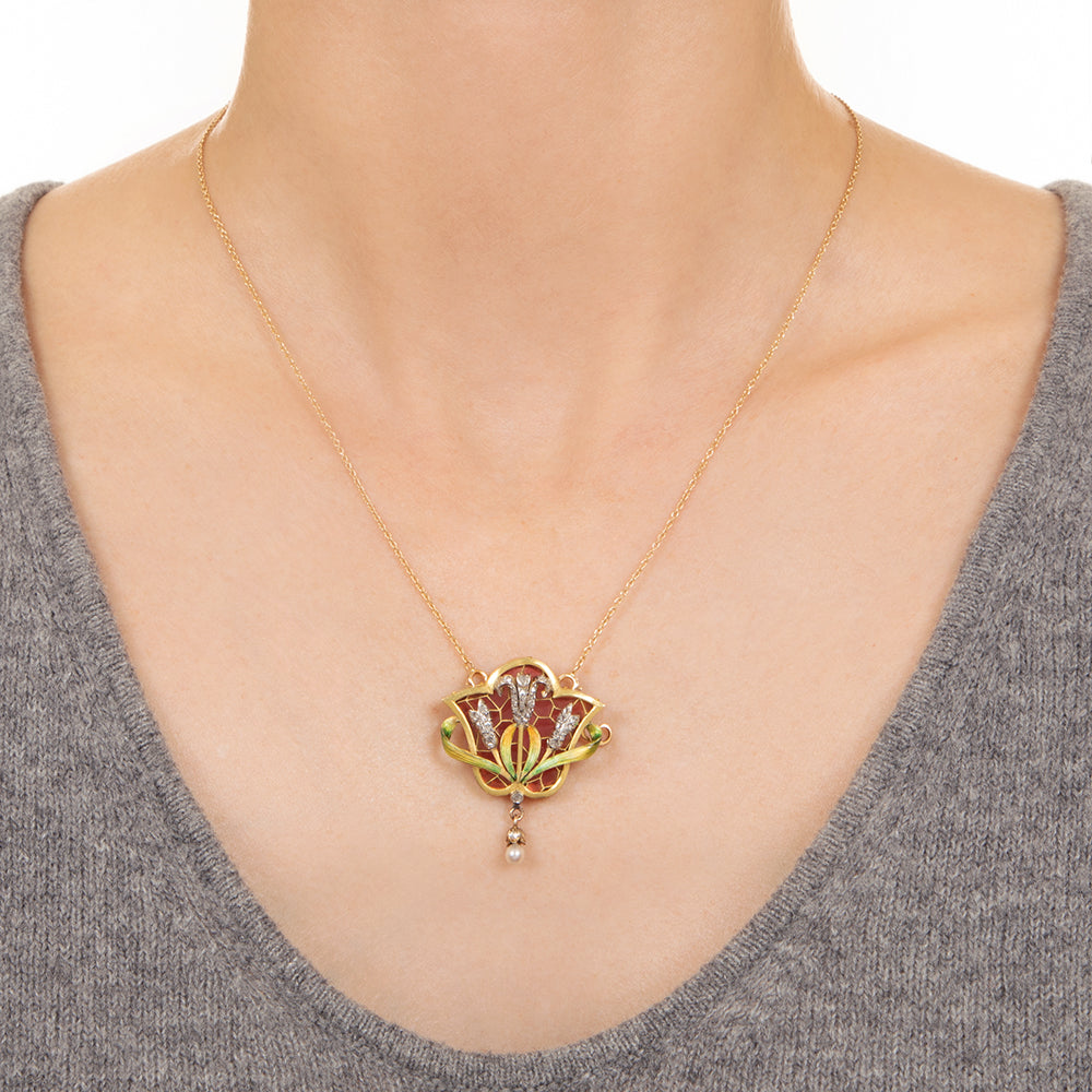 Art Nouveau Plique-a-Jour Diamond Pendant/Brooch - 2